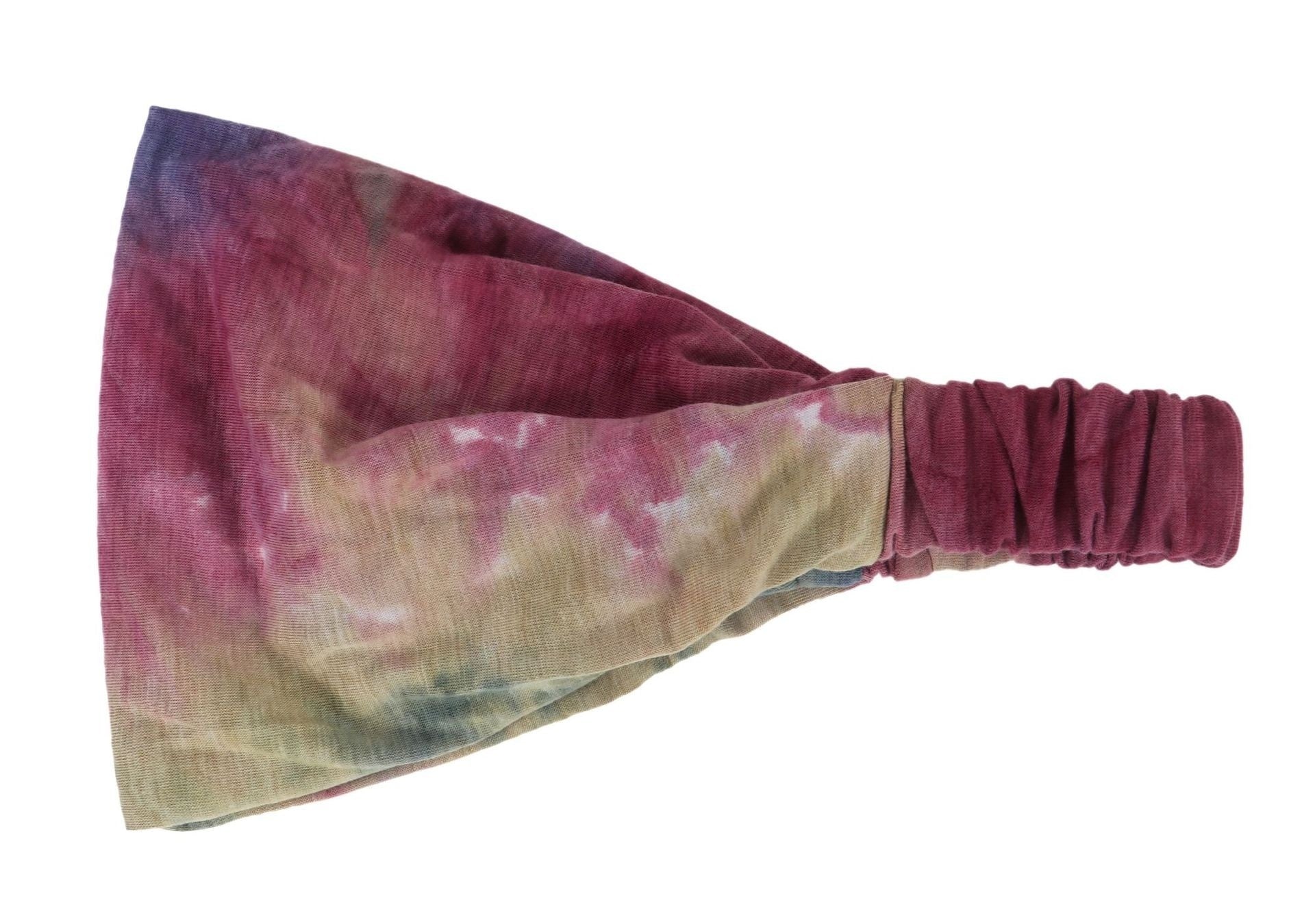 Tie-dye headband in carmine and wheat colors on a white background