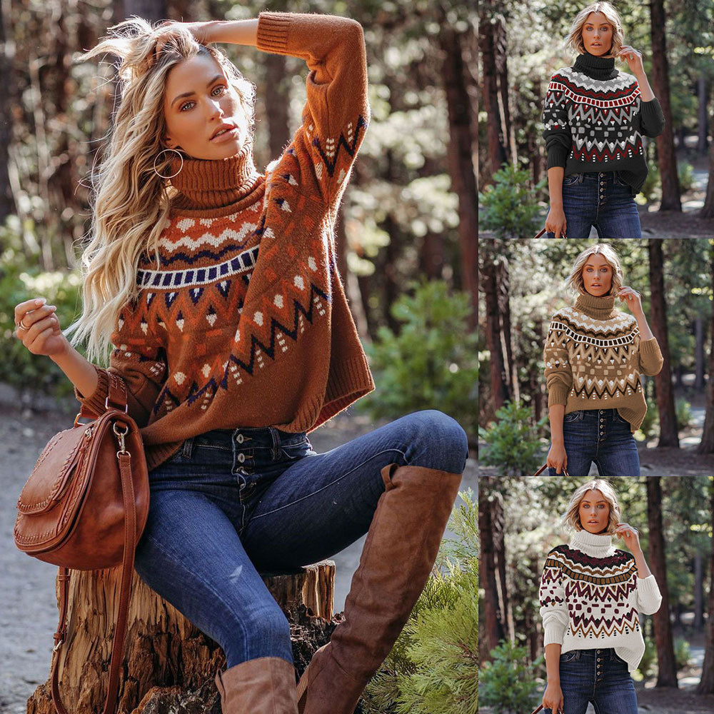 Turtleneck Boho Pattern Print Sweater