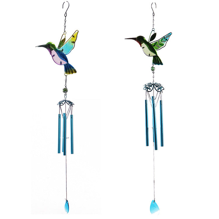 Two colorful hummingbird-shaped wind chimes on a white background