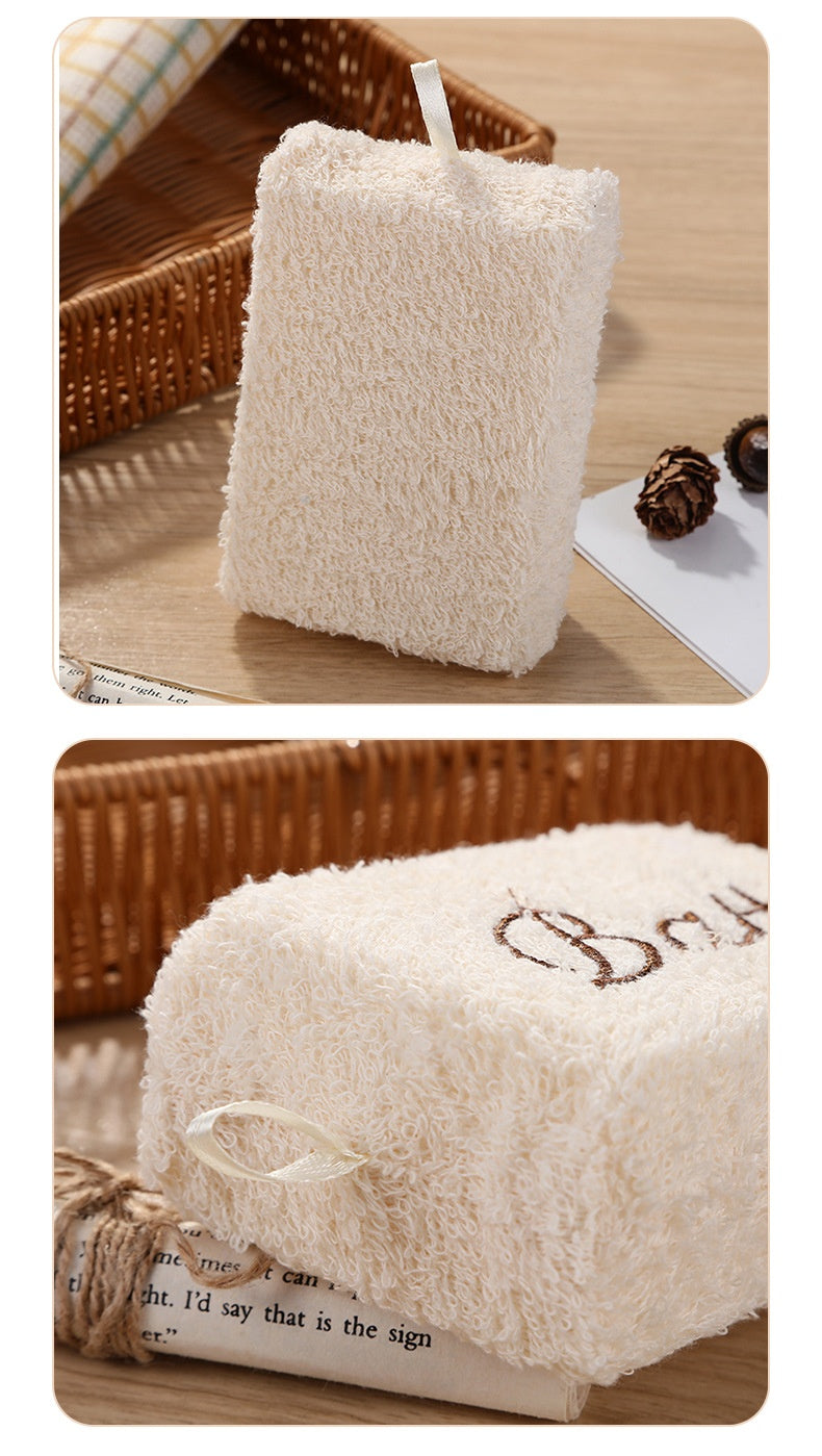 Two images of a textured white towel with embroidery on a wooden surface.