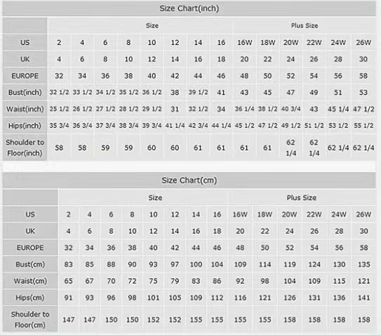 Size chart for clothing measurements in inches and centimeters with US, UK, and European size equivalents.