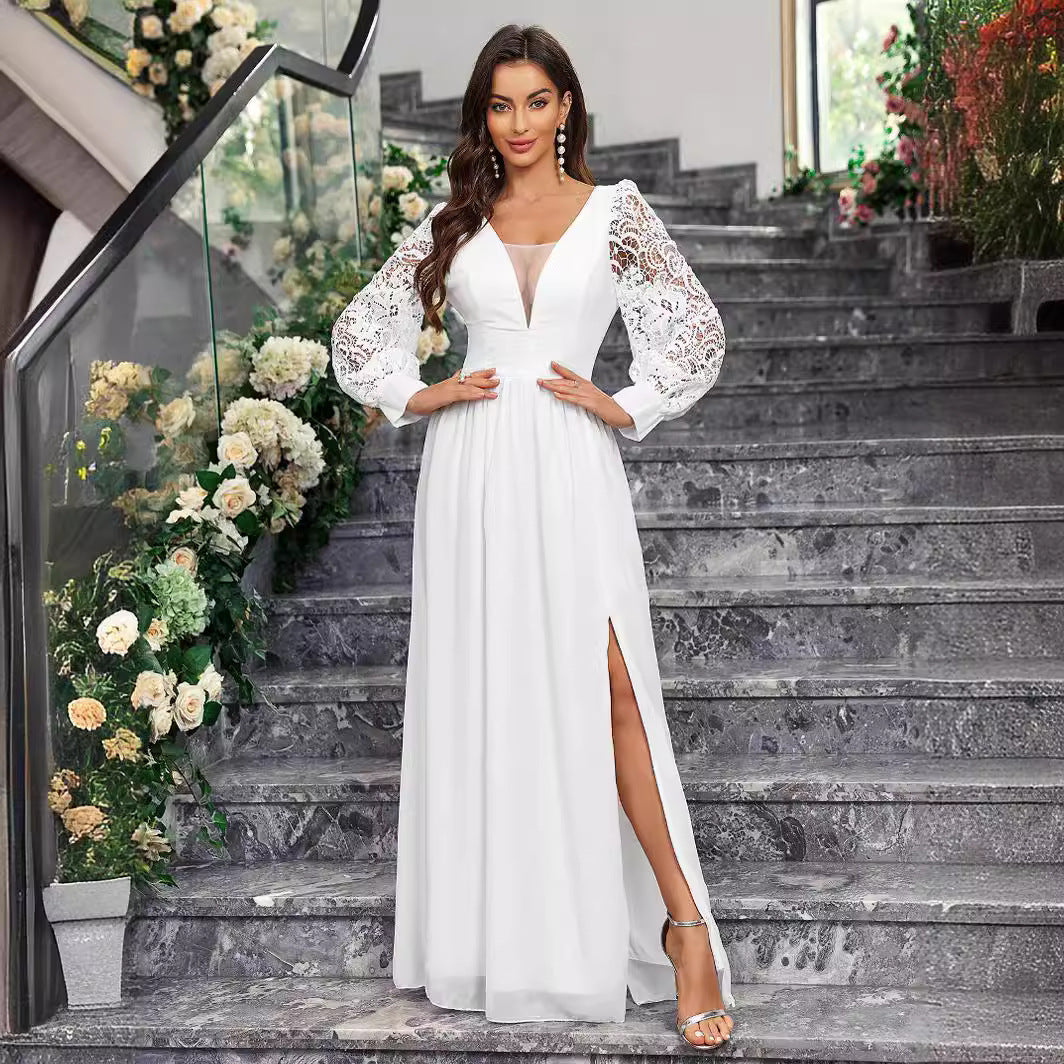V-Neck Boho Long Sleeve Backless Slit Wedding Dress