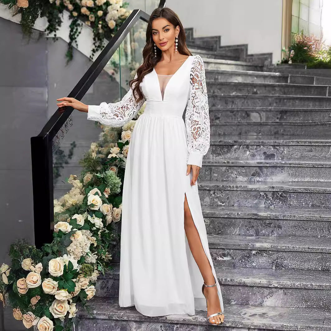 V-Neck Boho Long Sleeve Backless Slit Wedding Dress