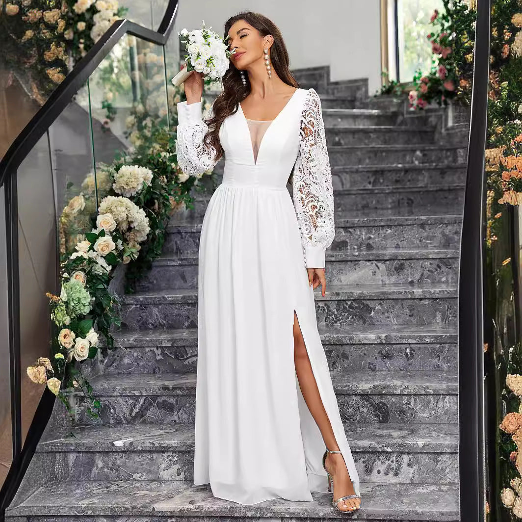 V-Neck Boho Long Sleeve Backless Slit Wedding Dress