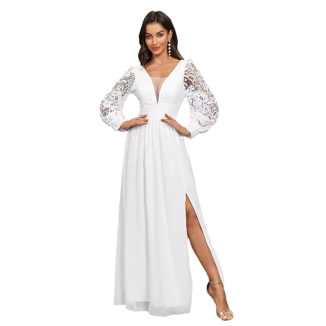 V-Neck Boho Backless Slit Wedding Dress