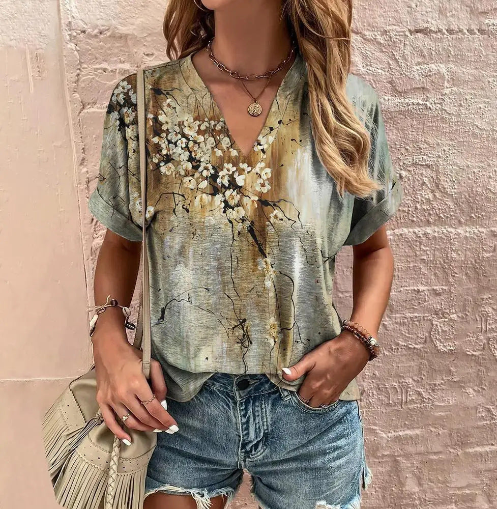 at flower V-Neck Boho T-Shirt for Women