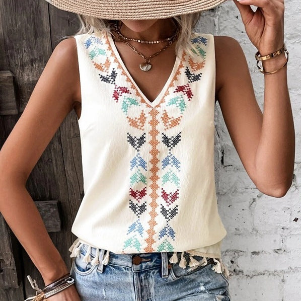V-Neck Embroidered Boho Vest Top