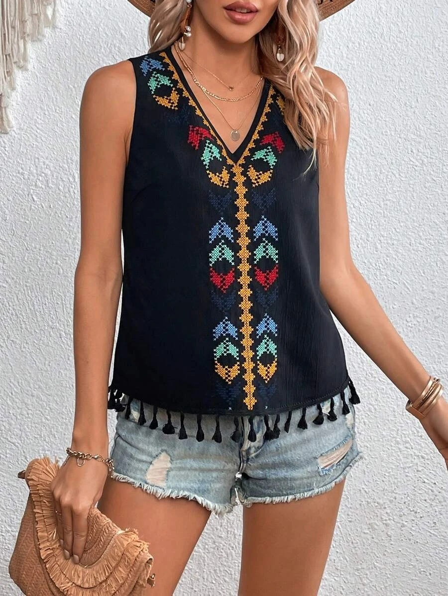 black V-Neck Embroidered Boho Vest Top