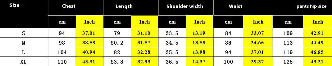 Measurement size table for clothing with chest, length, shoulder width, waist, and pantleg measurements.