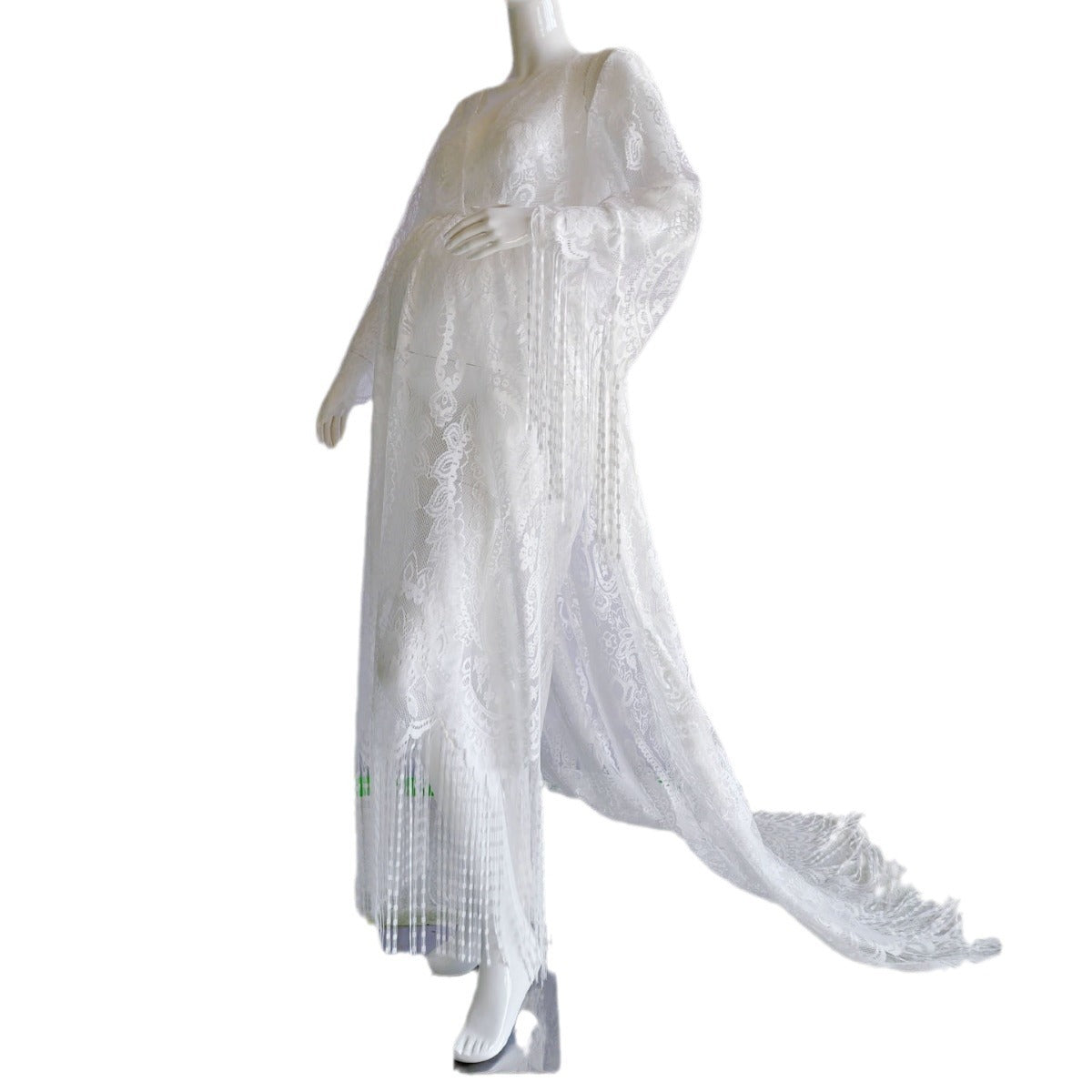 V-Neck White Embroidered Tassel Maternity Photography Dress Bohemian Style