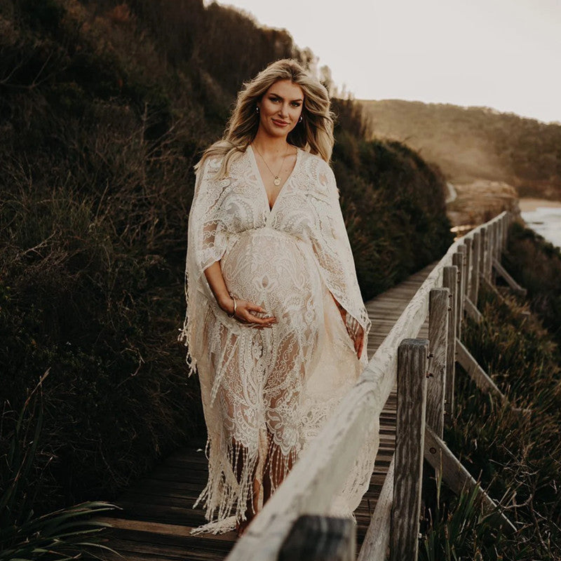 V-Neck White Embroidered Tassel Maternity Photography Dress Bohemian Style