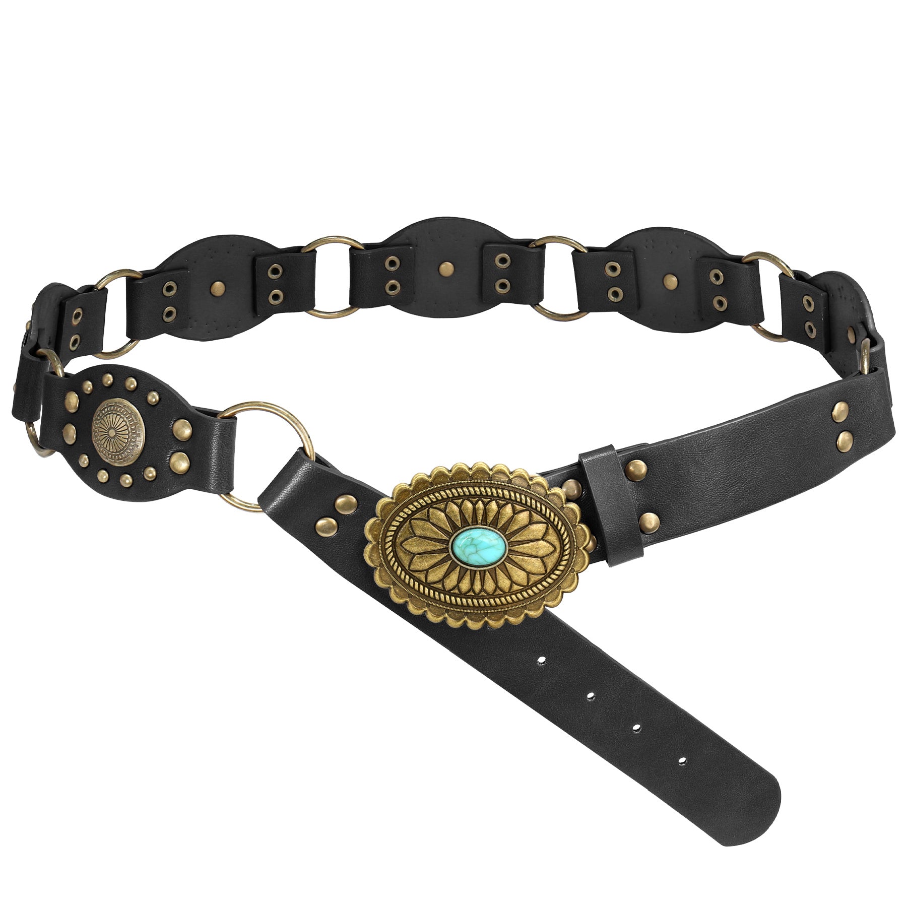 Black leather belt with gold and turquoise embellishments on a white background