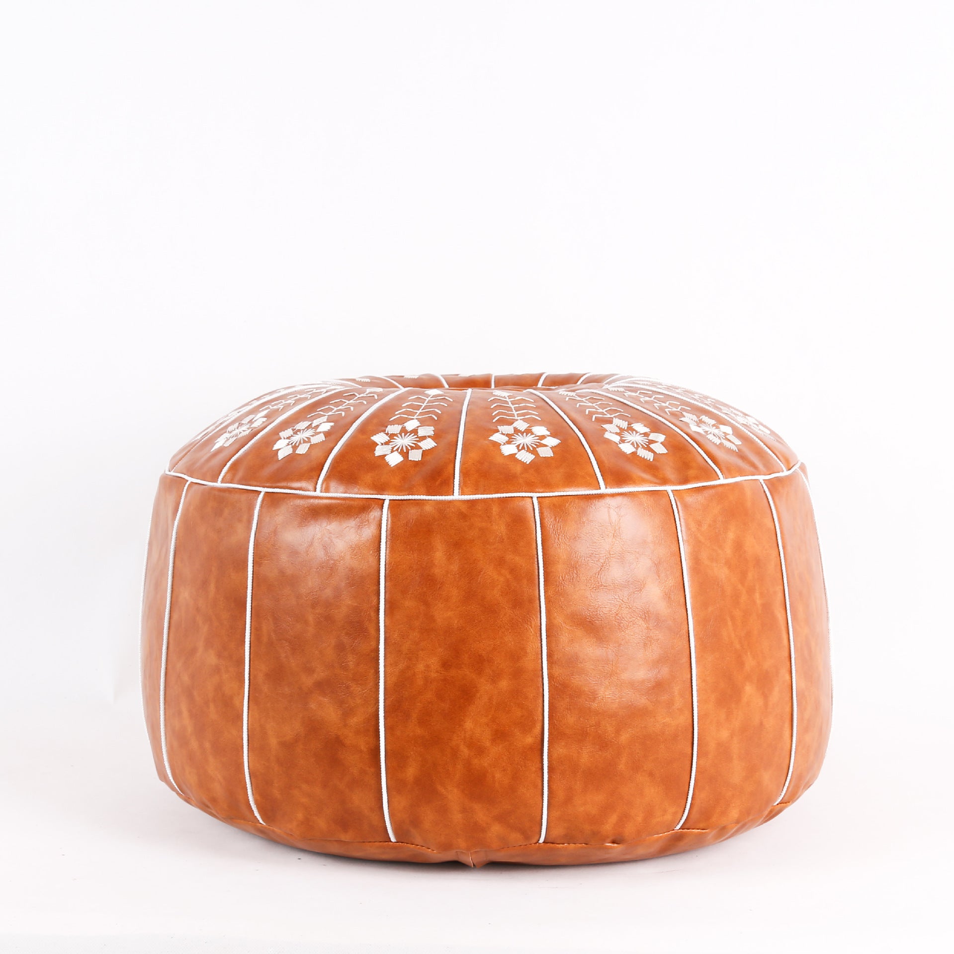 Vegan Leather Embroidered Pouf Bohemian Style Covers