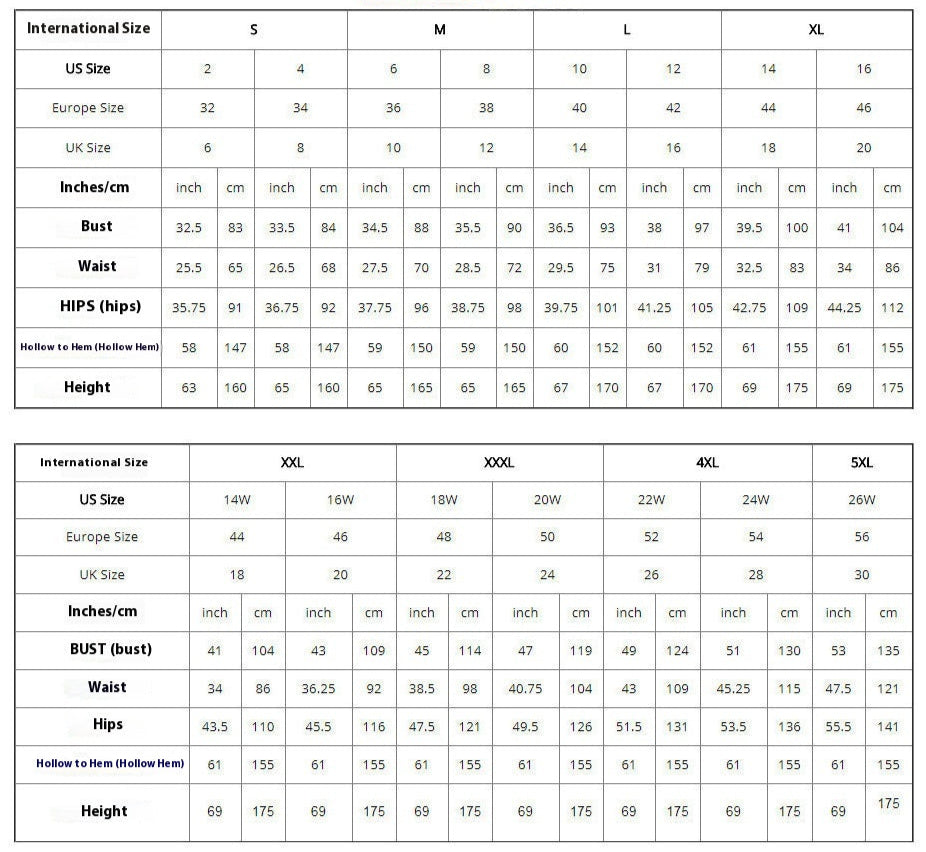 Size chart comparing International, European, and UK sizes for clothing measurements.