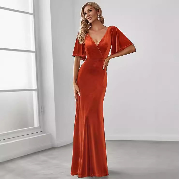 orange Velour Bridesmaid Dress for Boho Weddings