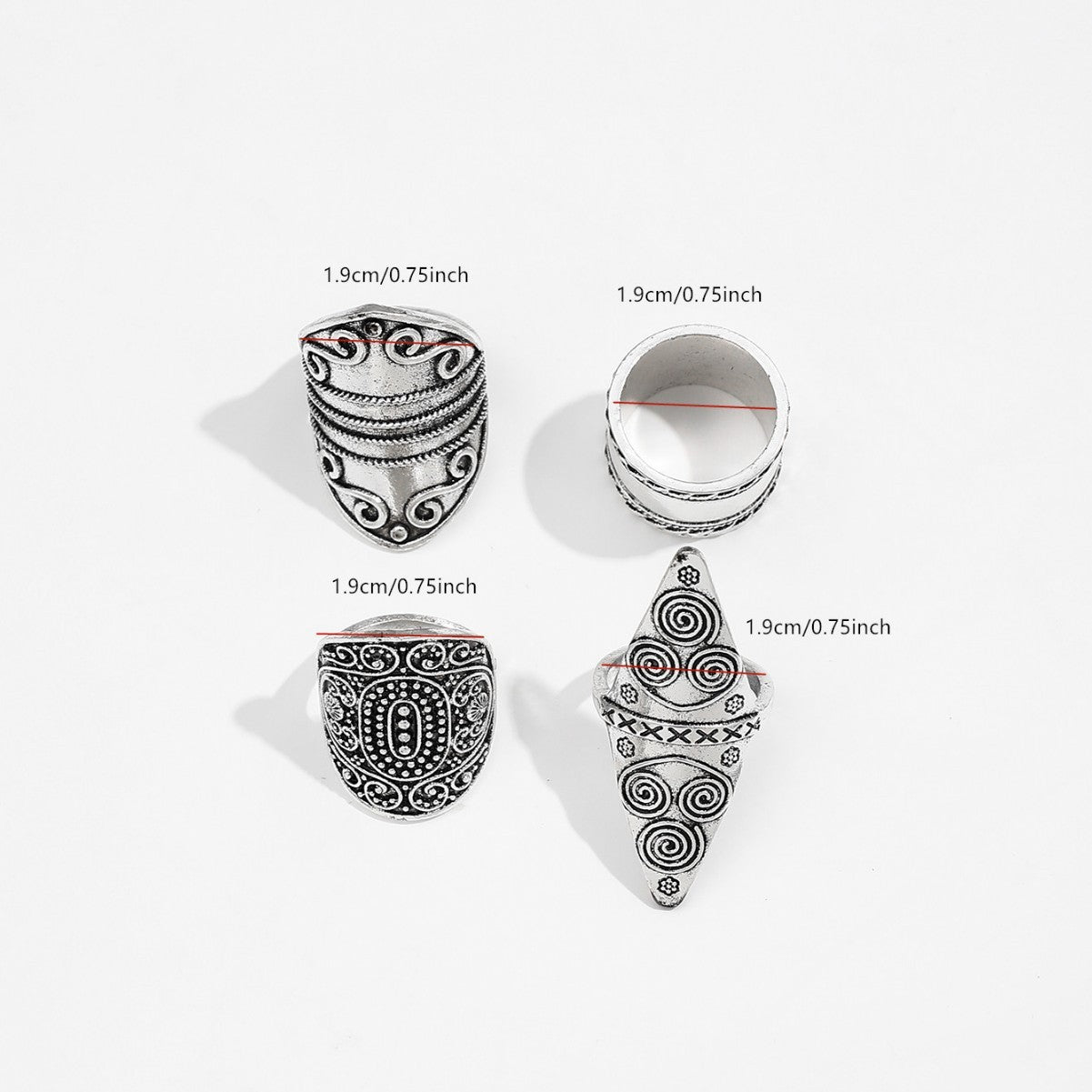 Set of four silver rings with intricate designs and measurements on a white background