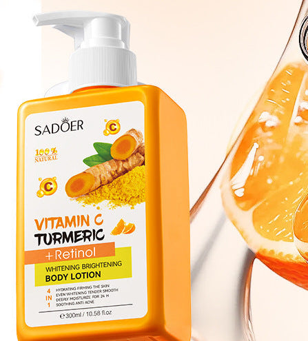 Sadoer Vitamin C Turmeric body lotion with orange slices and text about whitening effects.