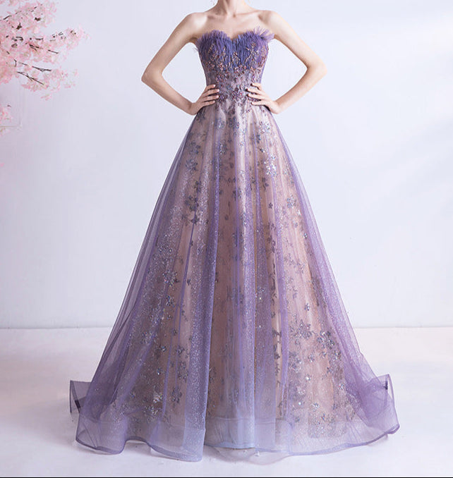 Purple Boho Wedding Dress with Sequins and Flowers