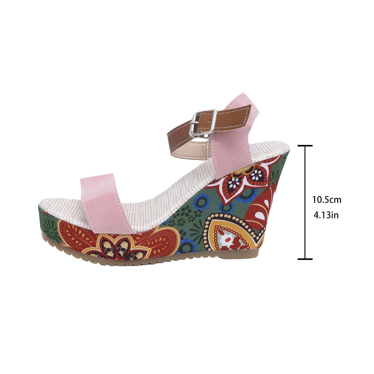 Colorful wedge sandal with paisley pattern on a white background