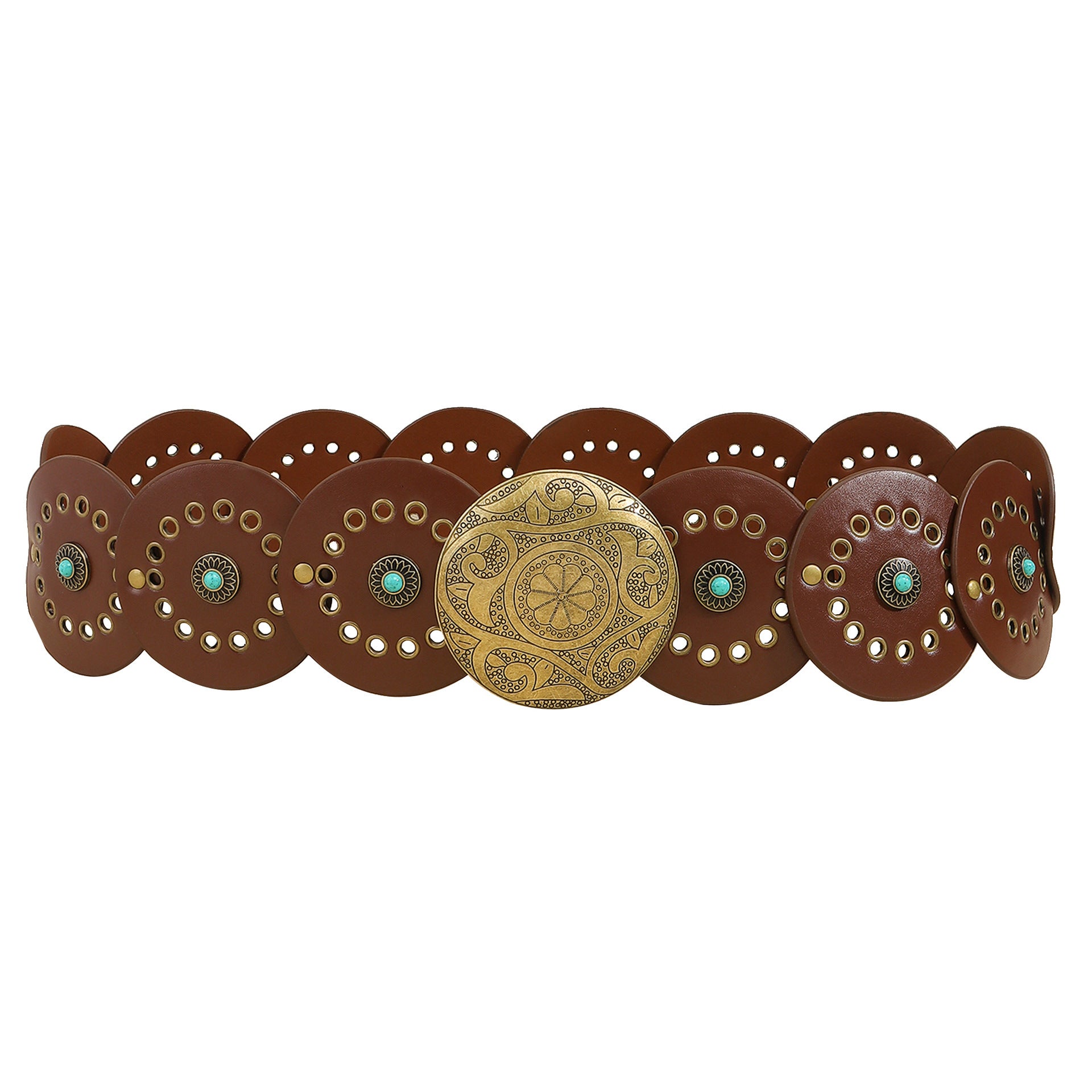 Brown belt with decorative gold buckle and turquoise stones on a white background