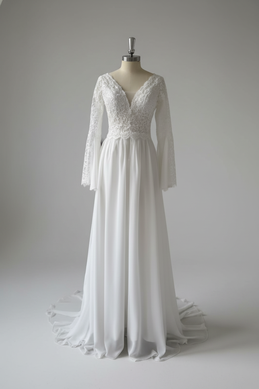 A white long-sleeve wedding gown with a lace-embellished V-neck bodice and flowing chiffon skirt, displayed on a dress form against a plain white background.