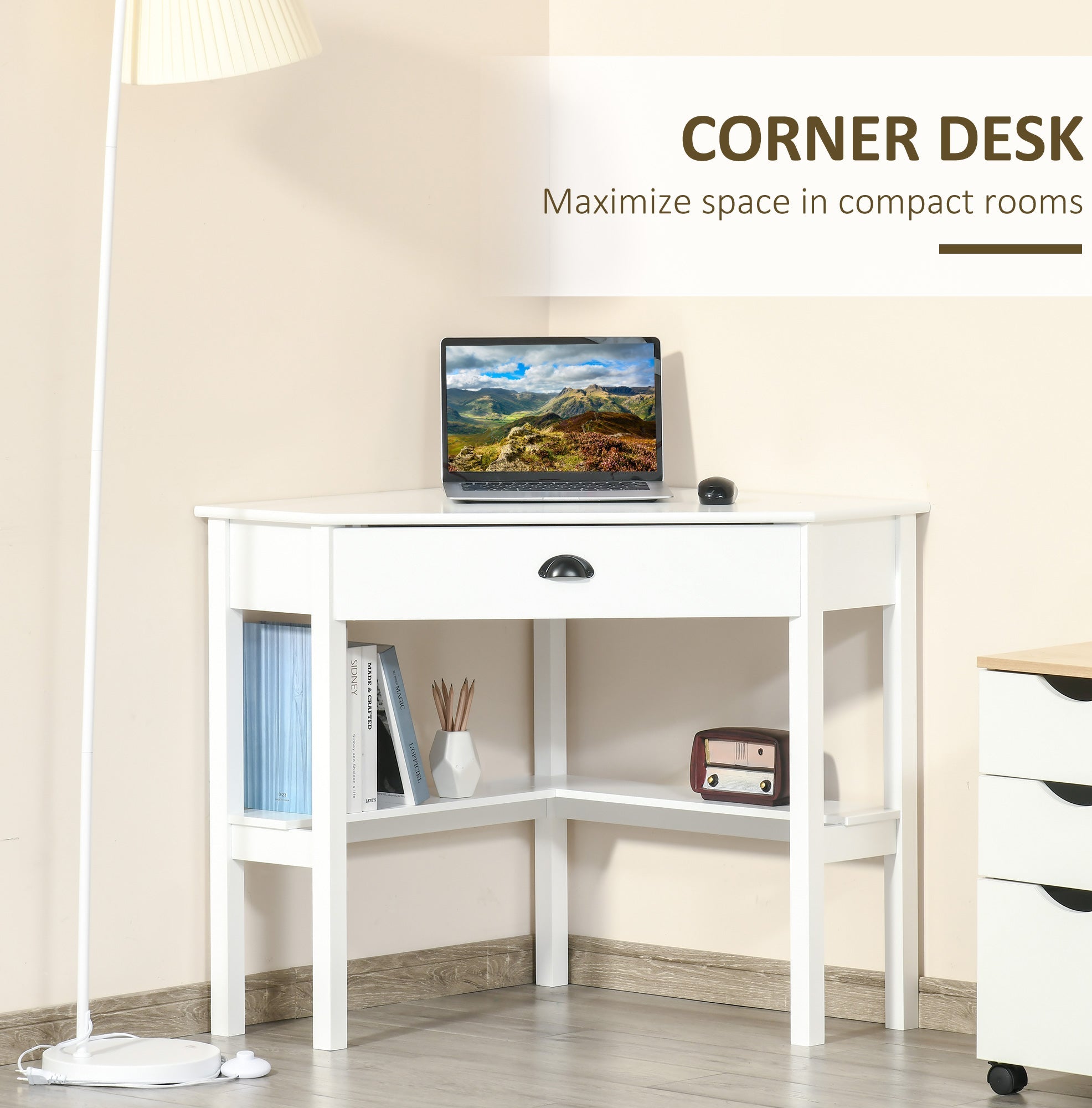 White 2 Tier Corner Desk with Drawer