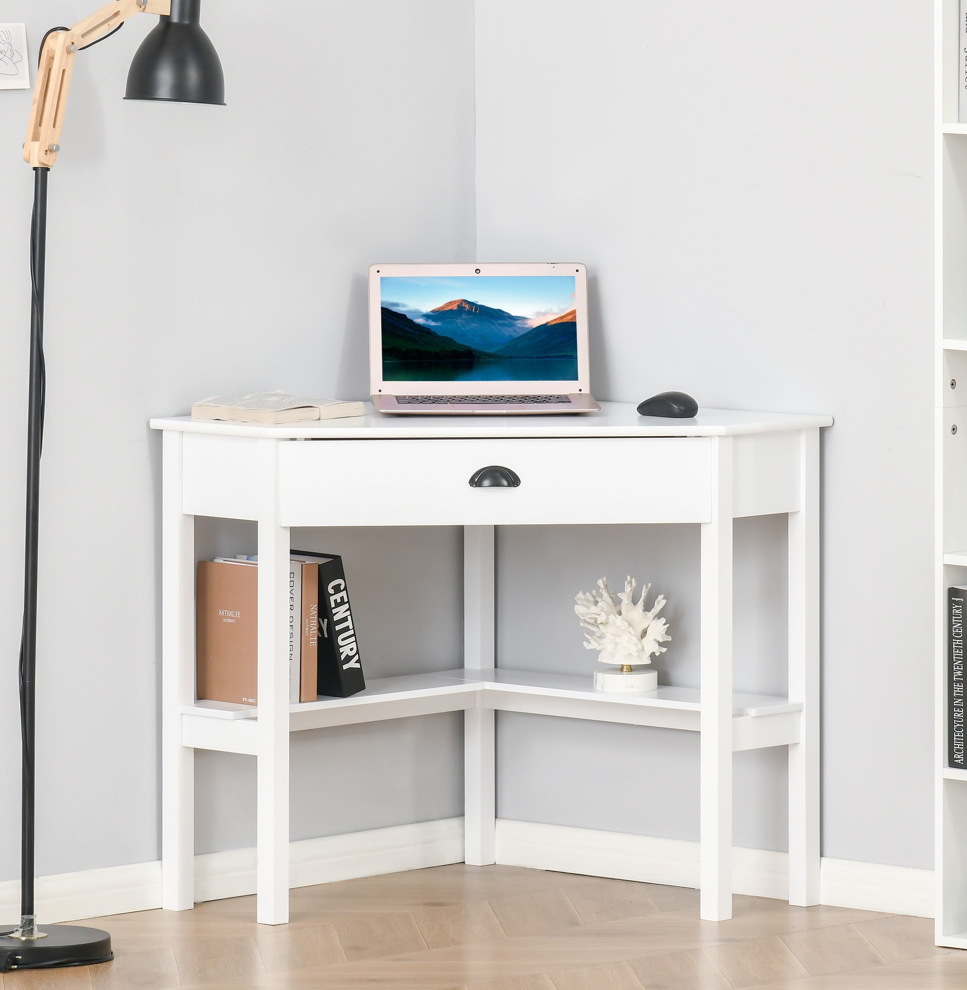 White 2 Tier Corner Desk with Drawer