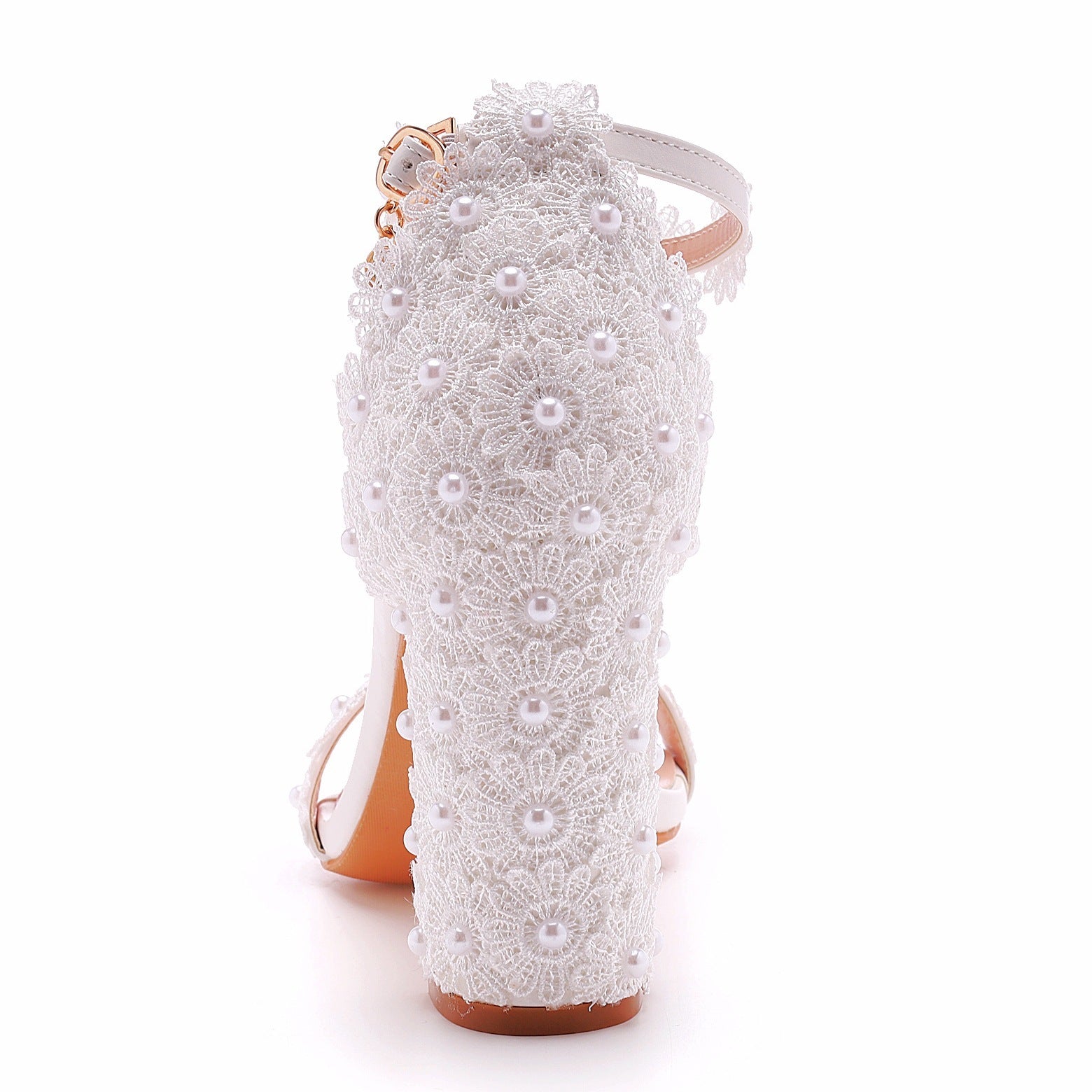 White Floral Lace Ankle Strap Bridal Heels