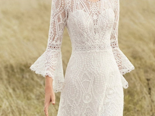 White Patterned Lace Bohemian Wedding Dress