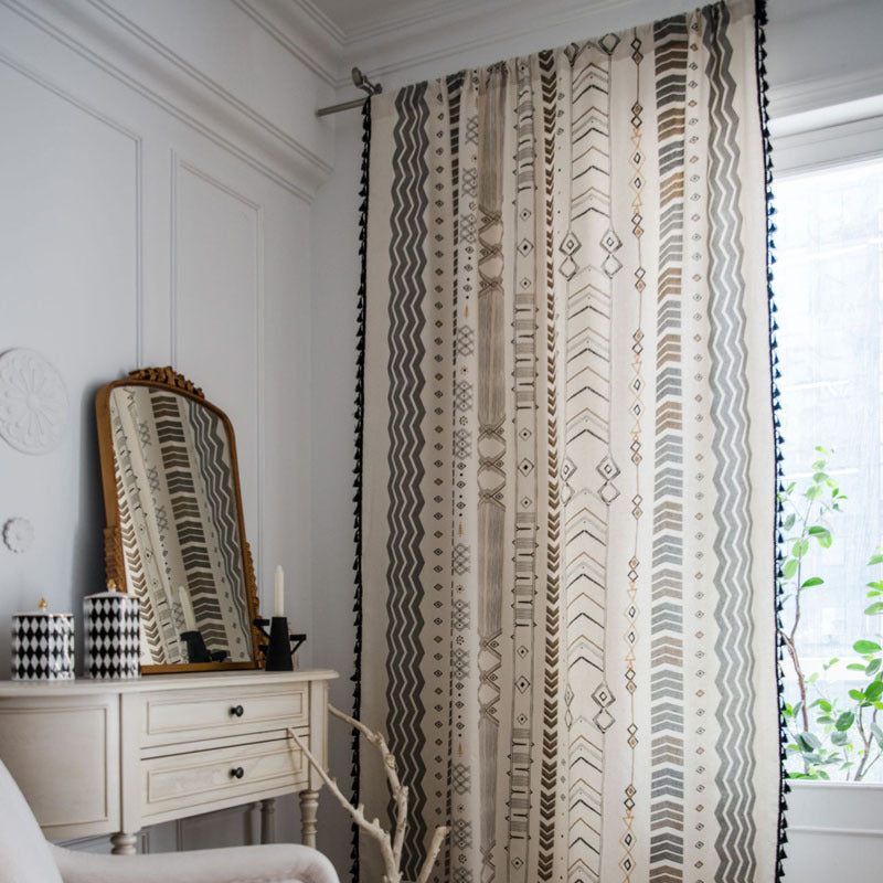 White Boho Pattern Curtain with Tassels