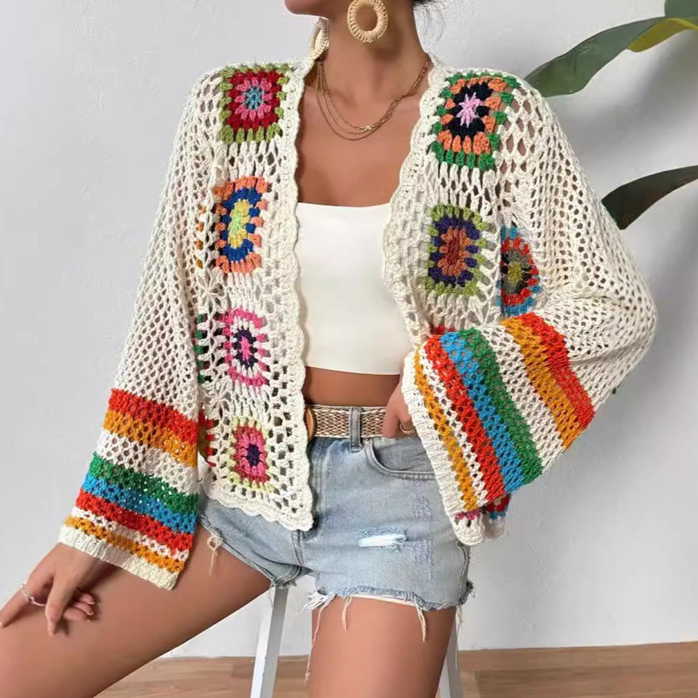 White Colorful Plaid Crocheted Cardigan
