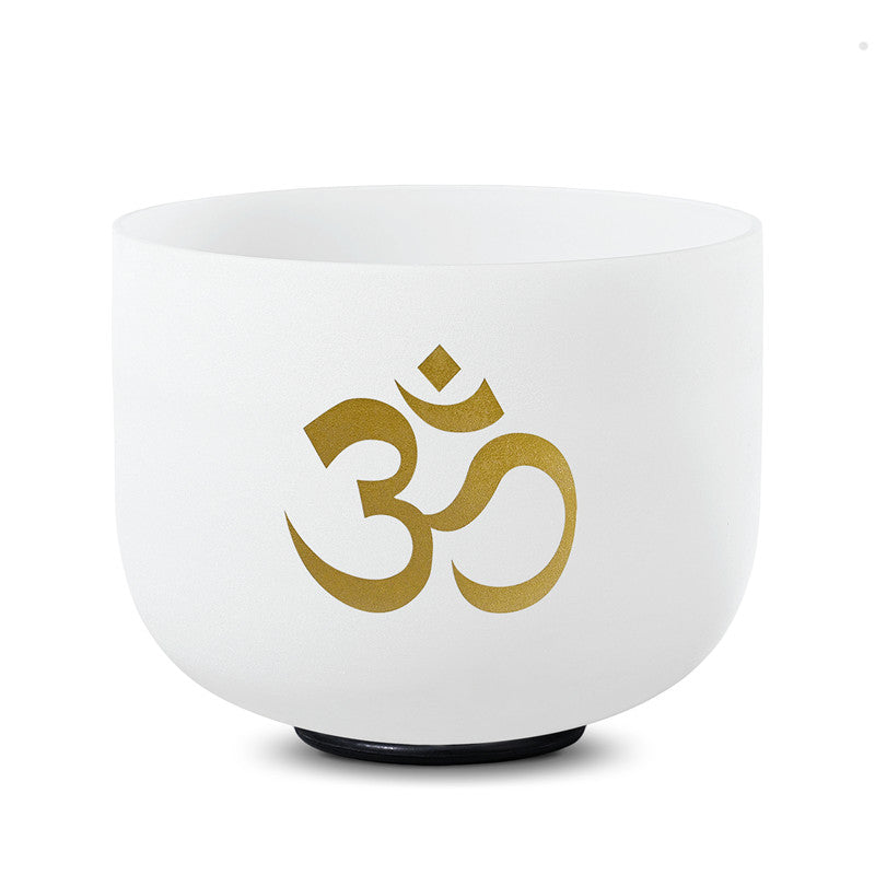 White bowl with gold Om symbol on a white background