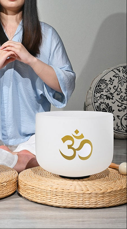 White Crystal Yoga Singing Bowl with Golden Om Symbol 528Hz