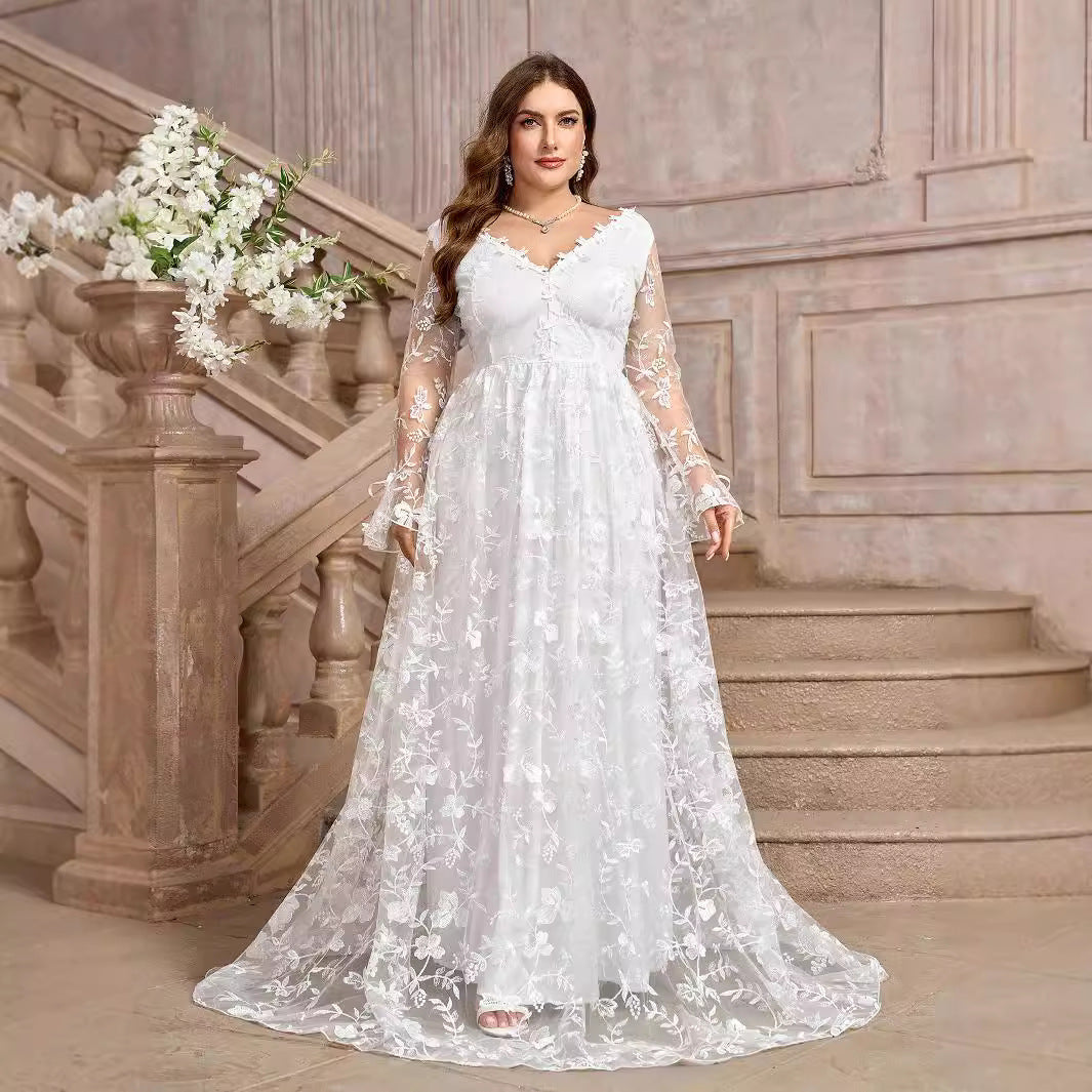 White Embellished Floral Lace Plus Size Boho Bridal Gown