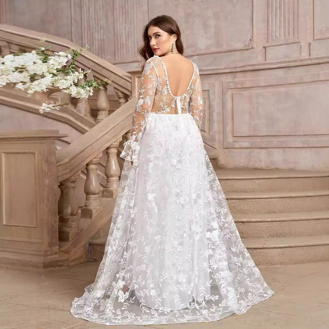 sexy White Embellished Floral Lace Plus Size Boho Bridal Gown