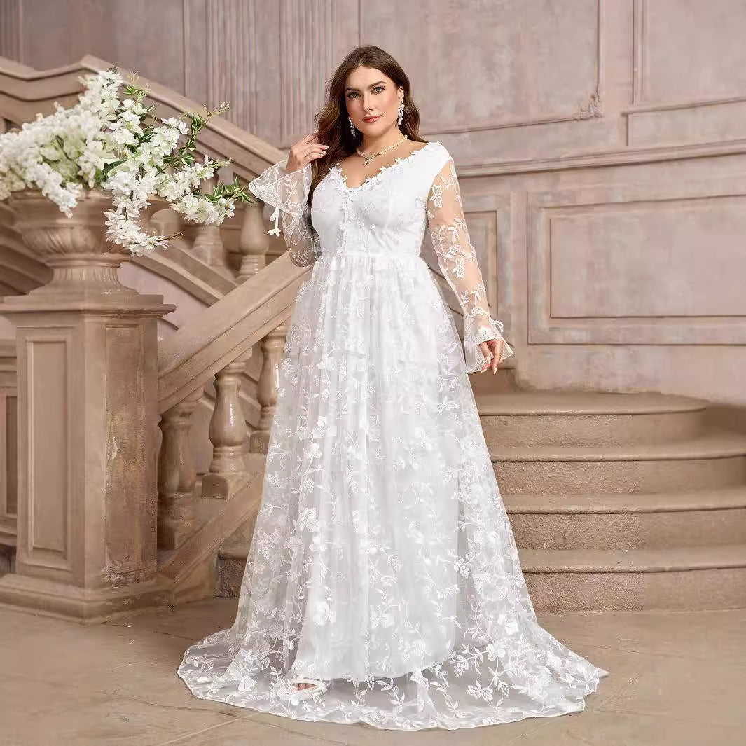White Embellished Floral Lace Plus Size Boho Bridal Gown boho
