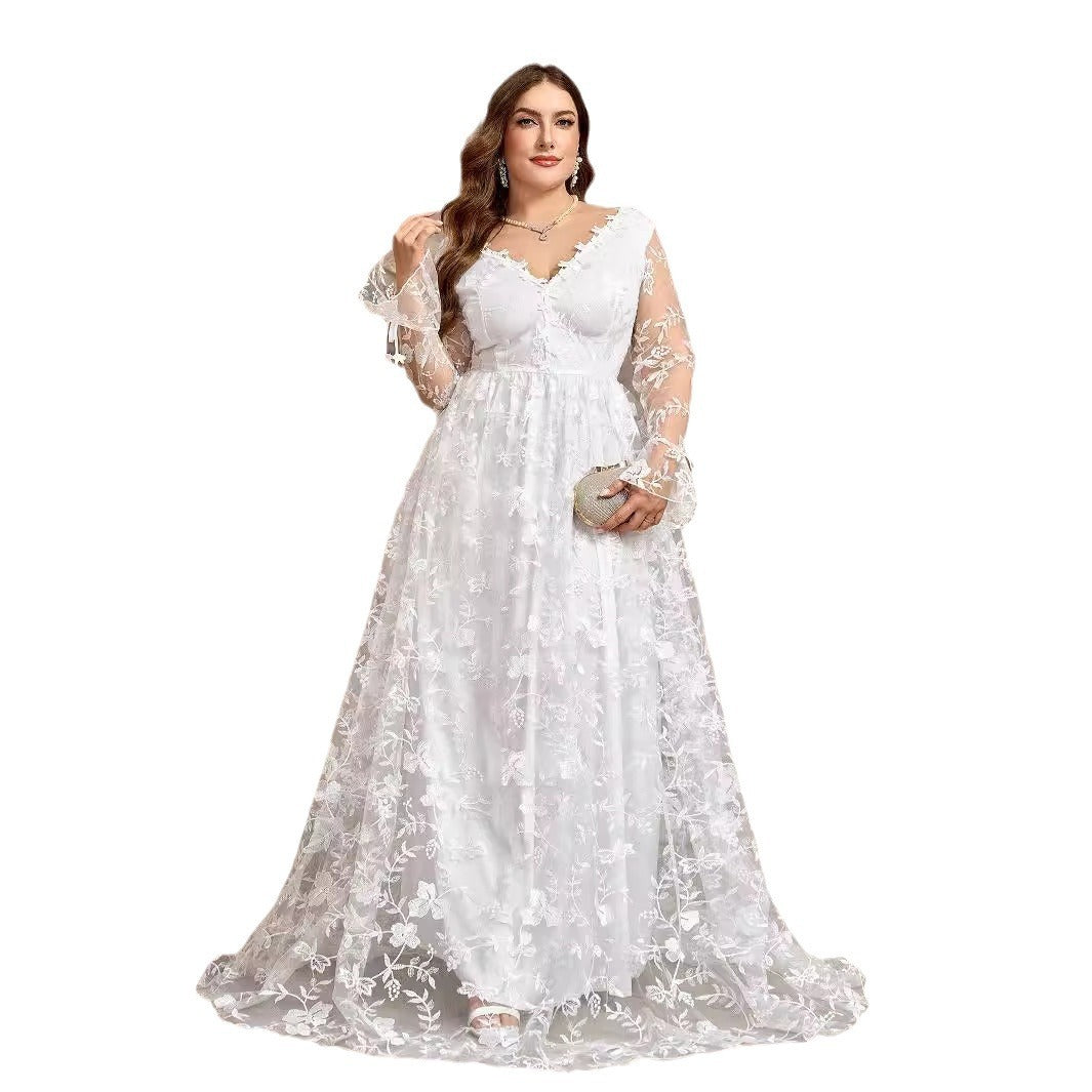 White Embellished Floral Lace Plus Size Boho Bridal Gown