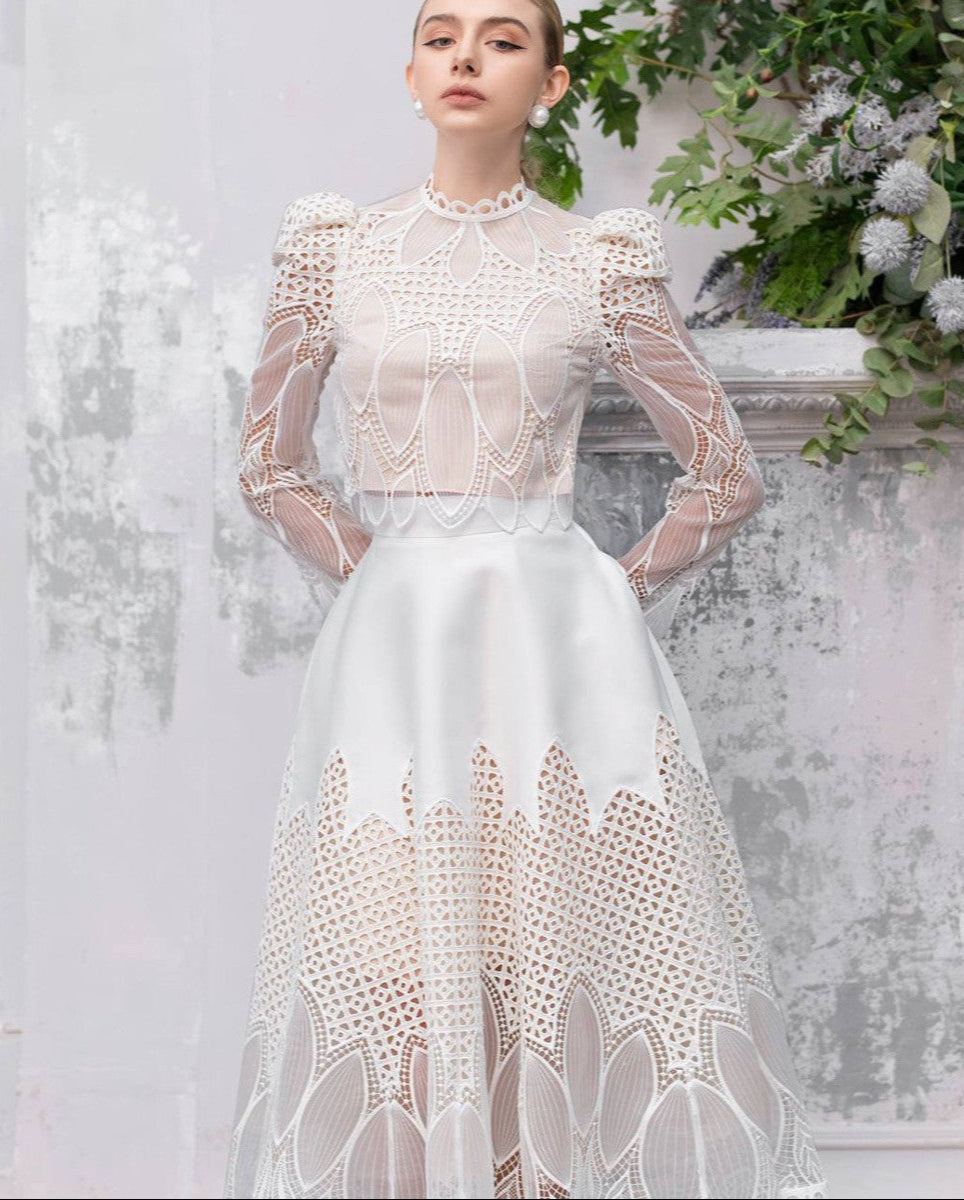 White Embroidered Lace Midi Boho Chic Wedding Dress