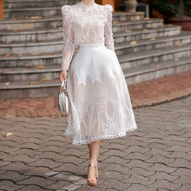 elegant White Embroidered Lace Midi Boho Chic Wedding Dress
