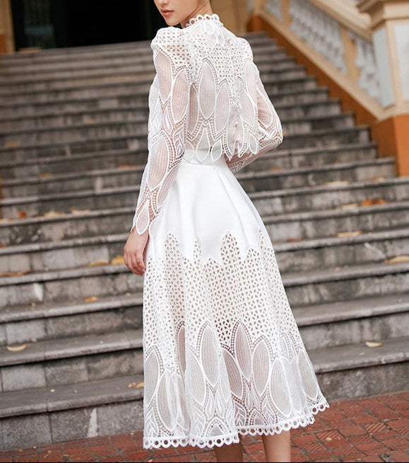 White Embroidered Lace Midi Boho Chic Wedding Dress