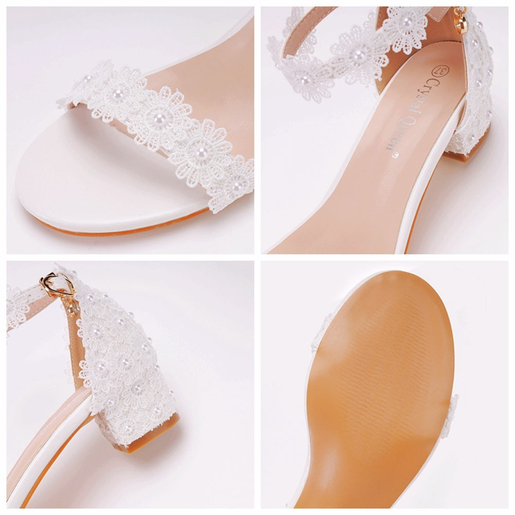 Collage of white lace high-heeled shoes with detailed design on a light background