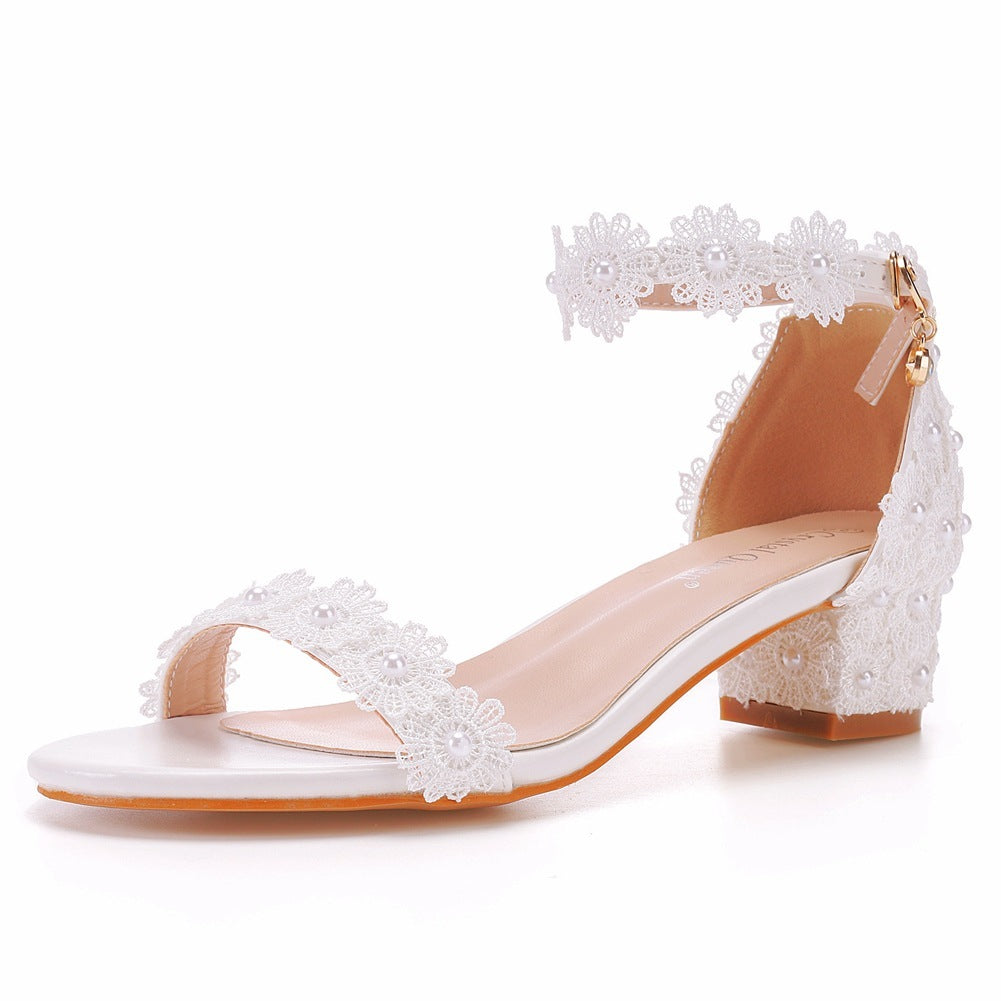 White Floral Lace Ankle Strap Bridal Heels boho