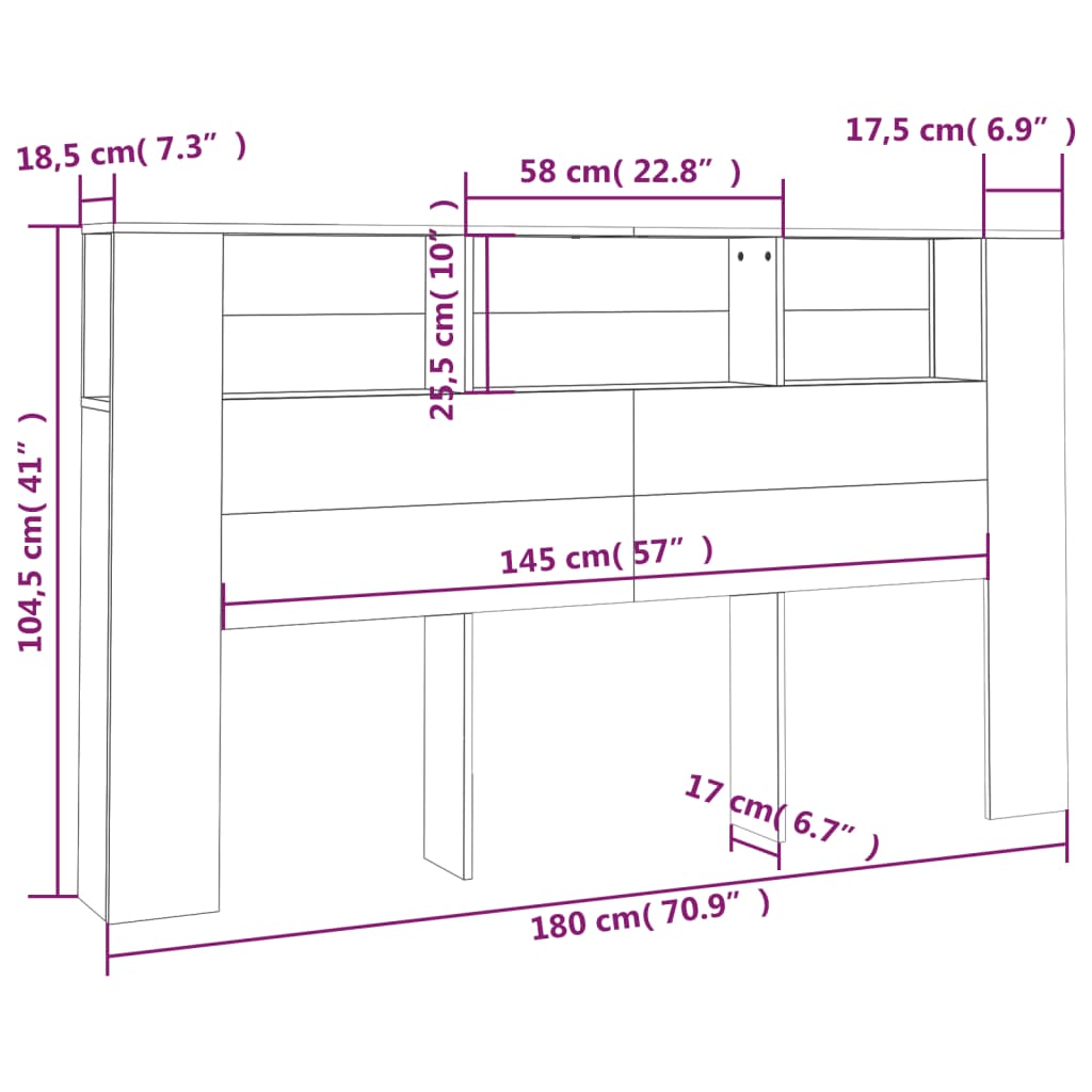 Dimensions of a piece of furniture with measurements in centimeters and inches.
