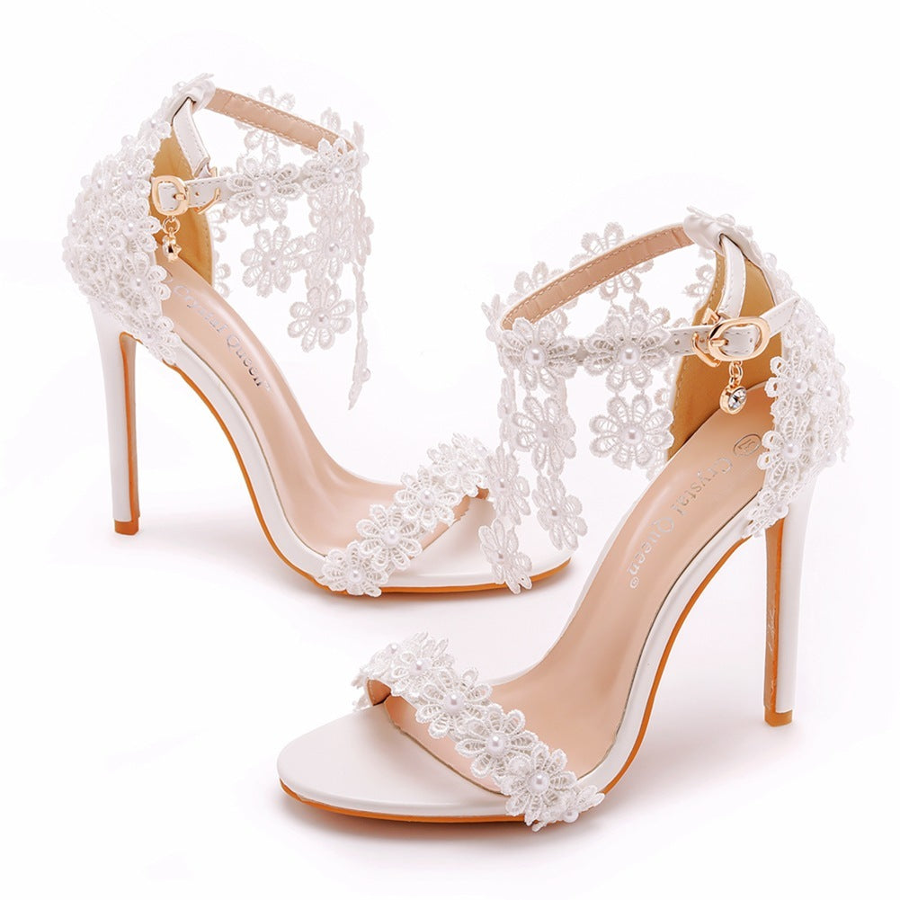 White Heeled Wedding Sandals with Flower Tassels