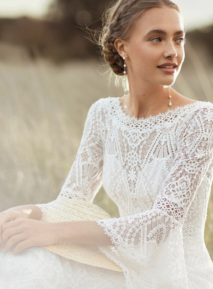 White Patterned Lace Bohemian Wedding Dress