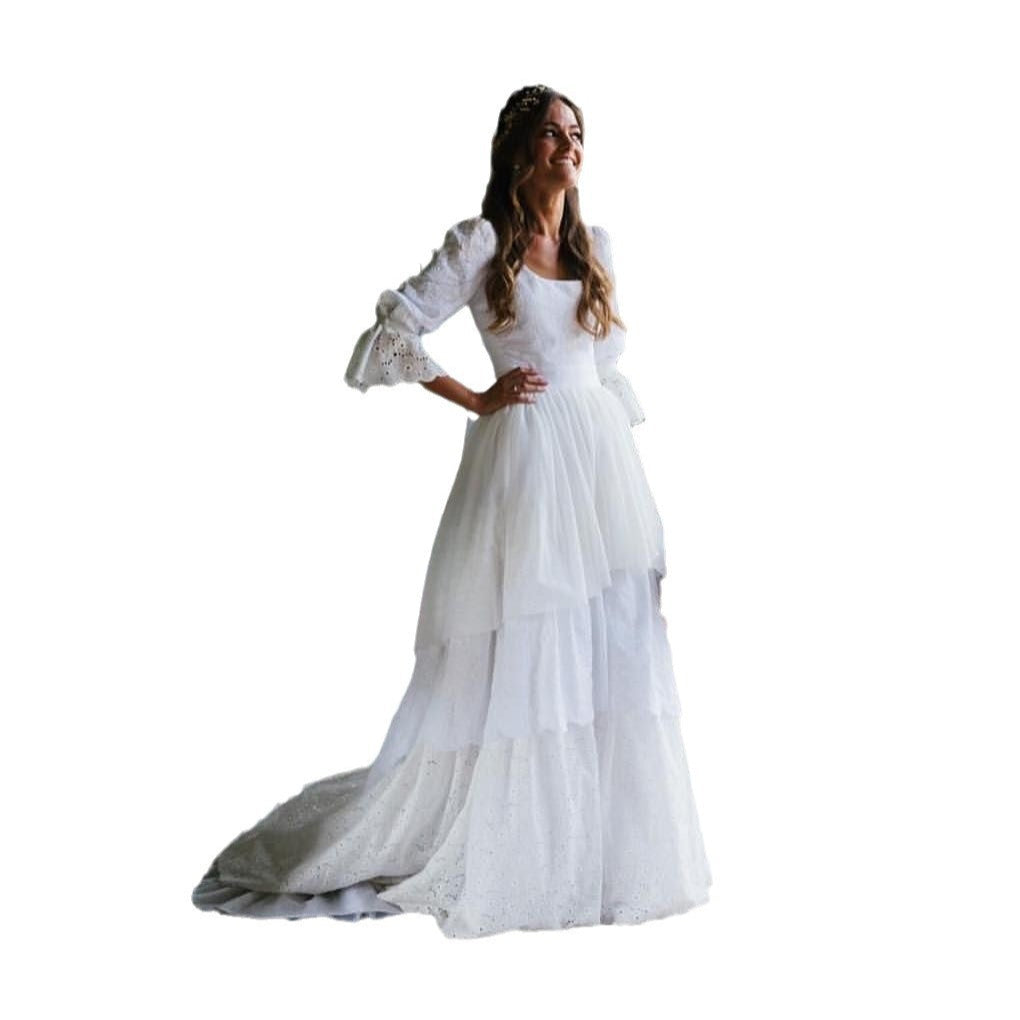White Long Sleeve Tulle Mesh Bridal Dress