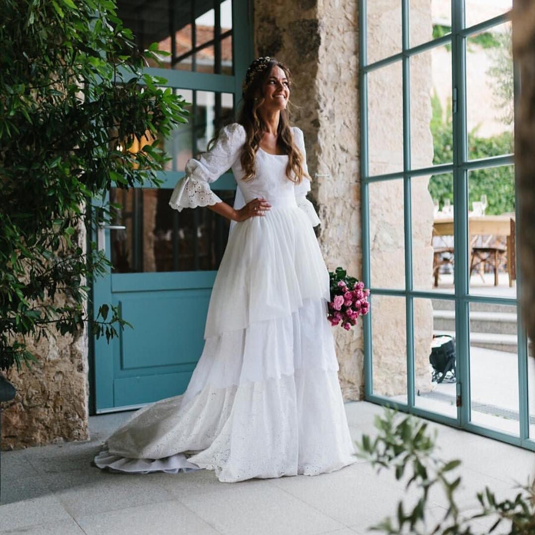 White Long Sleeve Tulle Mesh Bridal Dress