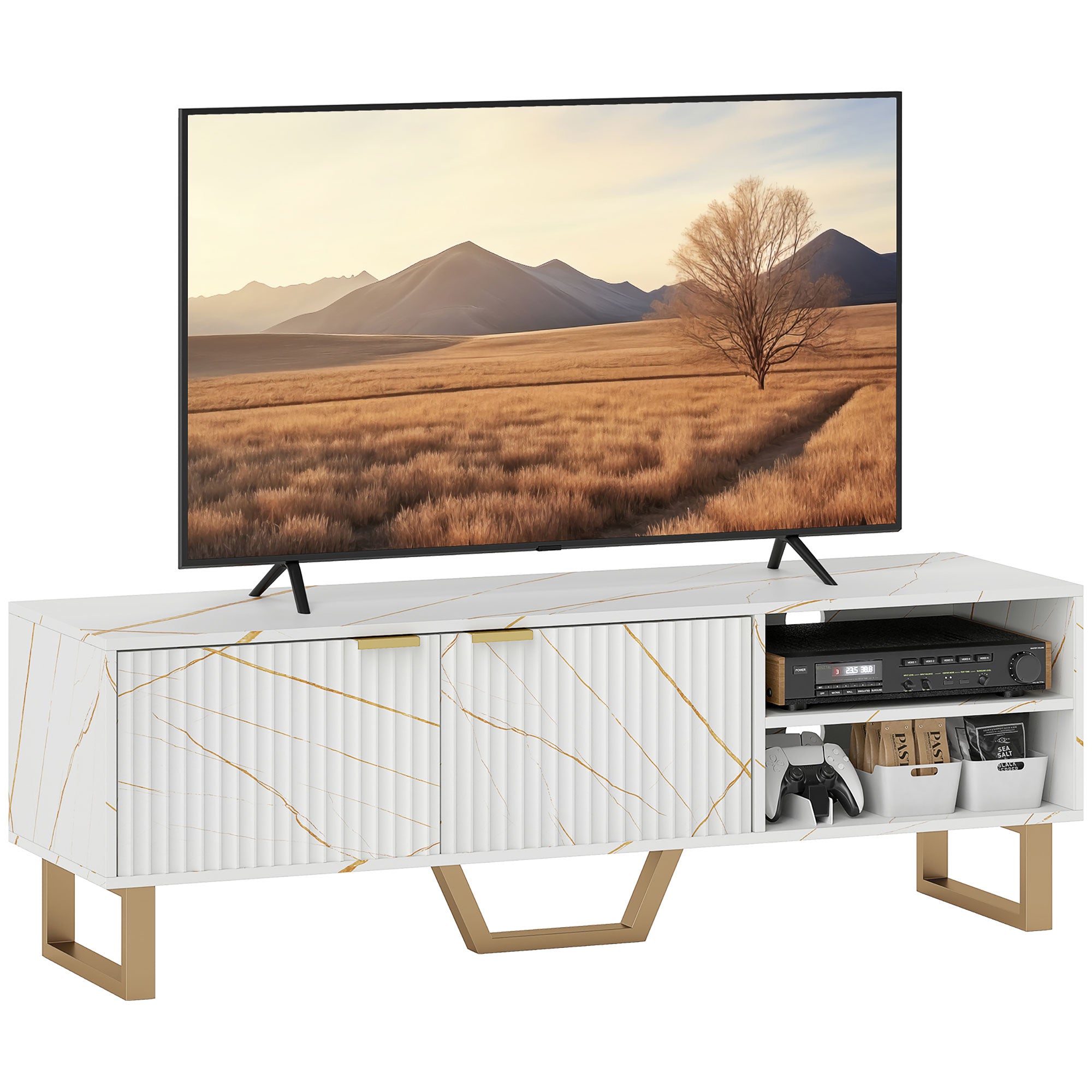 White Marble Design TV Stand Cabinet For Up To 70" TVs with Shelves and Storage Cupboard