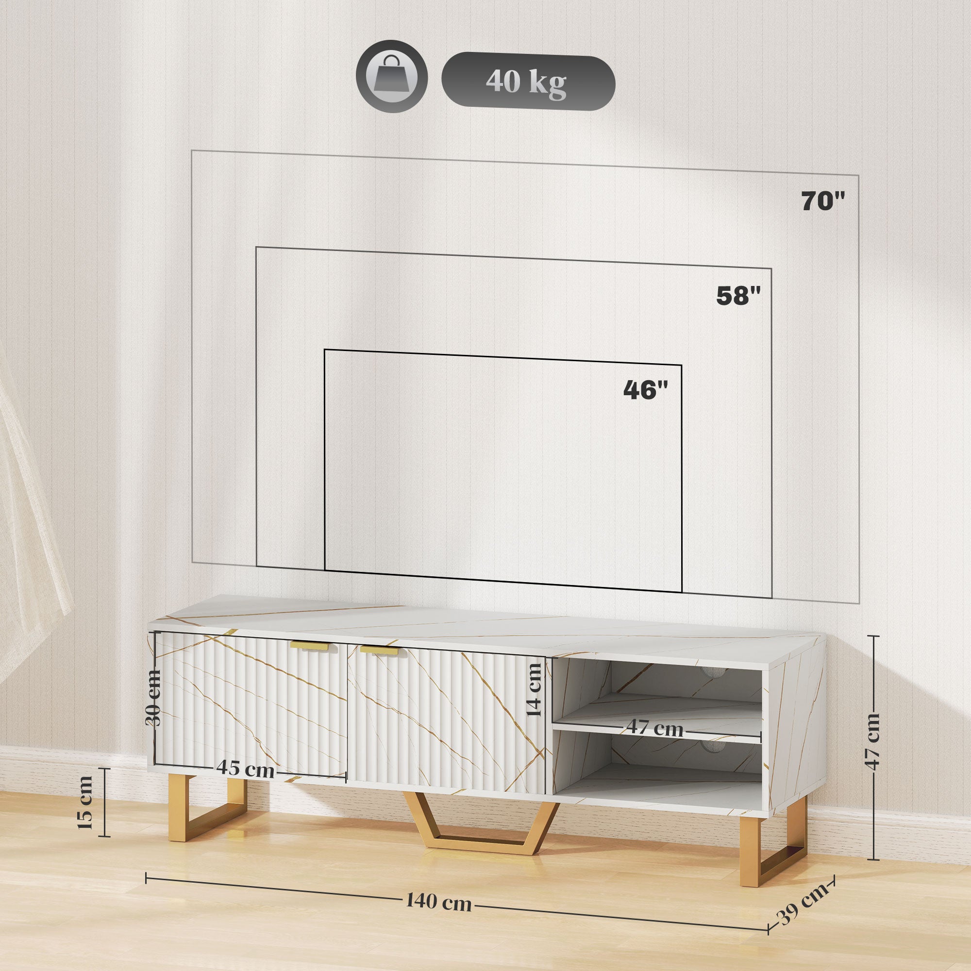 White Marble Design TV Stands Cabinet For Up To 70" TVs with Shelves and Storage Cupboard