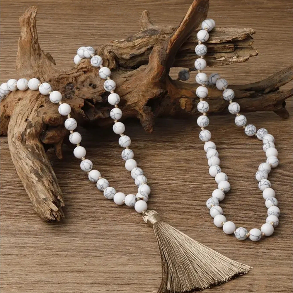 White Marble Mala Beads with Tassel